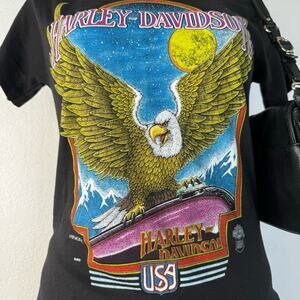 Rare Vintage 80s Harley-Davidson Funwear Ink Eagle Black T-Shirt Size Small